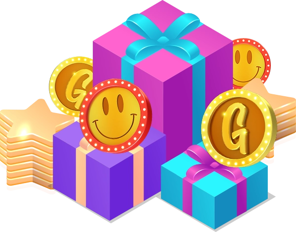 Gift boxes with stars, gold coins, and Smile Coins